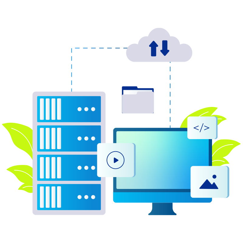 Illustration: server rack, cloud and design screen